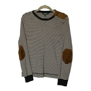 Lauren Ralph Lauren Top Womens Large Black Stripe Suede Shoulder Elbow Patches